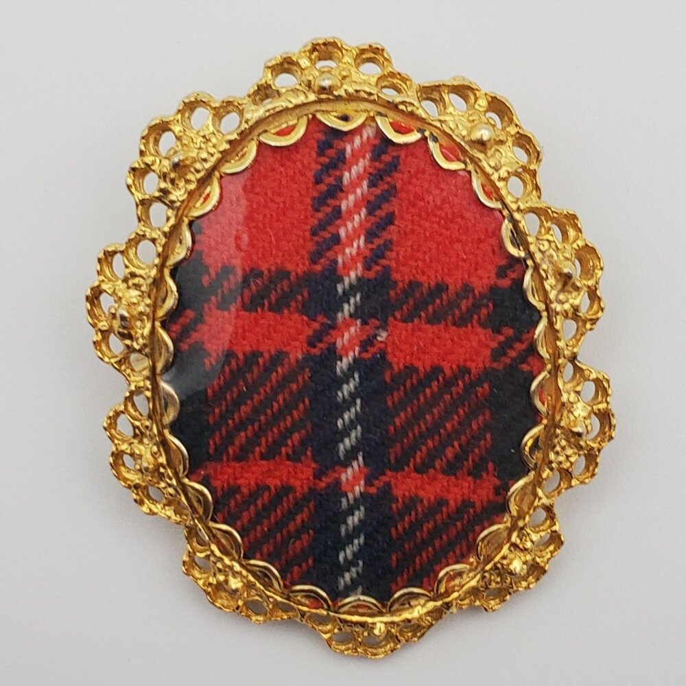 Vintage 2 in 1 Oval Tartan Plaid Gold Bezelled Pin Brooch & Pendant Ornate Bezel